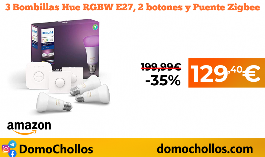 3 Bombillas Hue RGBW E27, 2 botones y Puente Zigbee