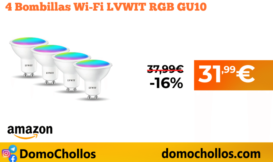 4 Bombillas Wi-Fi LVWIT RGB GU10
